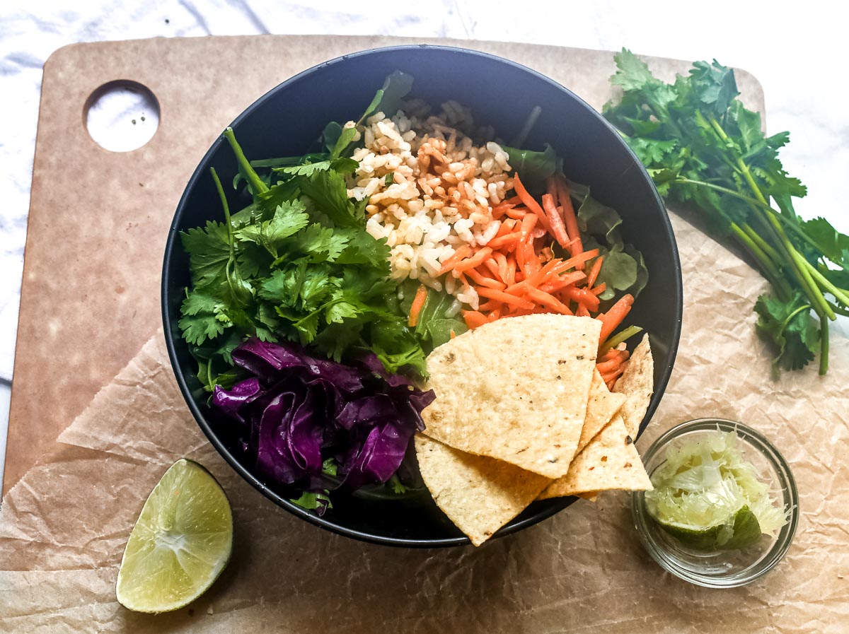 Baja tempeh taco salad in bowl
