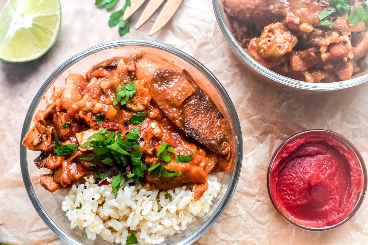 Plant-Based New Orleans Style Low FODMAP Gumbo in glass bowl