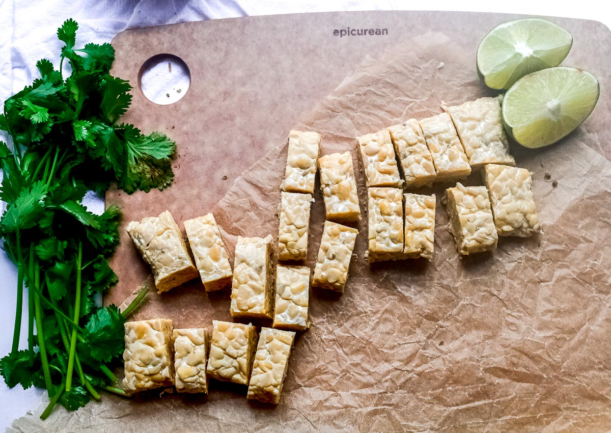 cubes of tempeh on boardcubes of tempeh on board