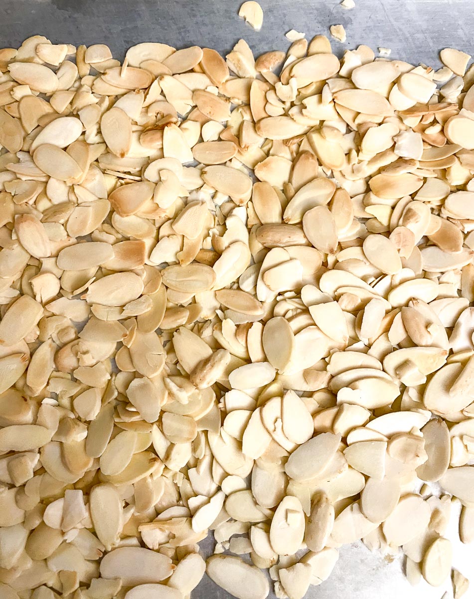 lightly toasted blanched almonds on pan