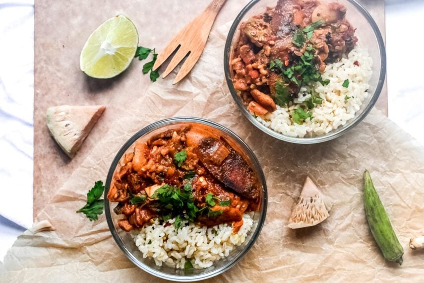 overhead image Plant-Based New Orleans Style Low FODMAP Gumbo in glass bowl