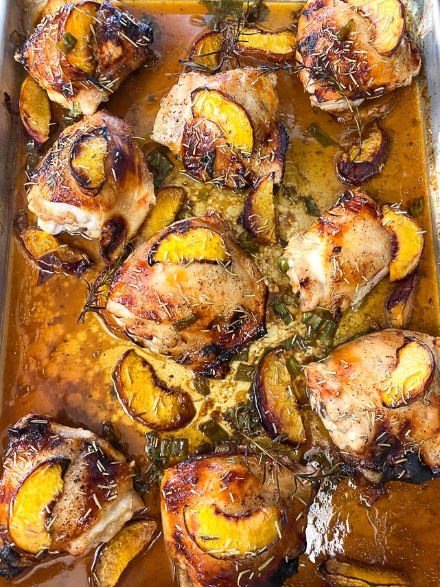 roasted chicken with peaches on sheet pan