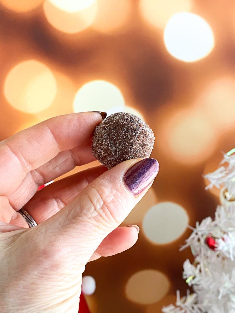 Low FODMAP Chocolate Whiskey Balls held in hand against Christmas decor