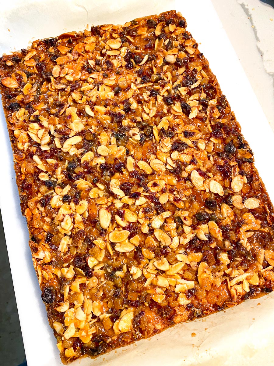 Low FODMAP Florentine Bars unmolded from pan on cutting board