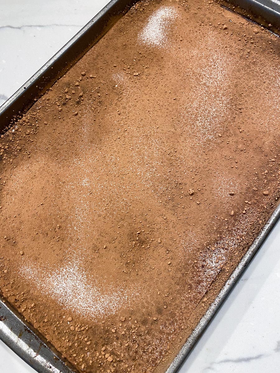 cake pan dusted with cocoa
