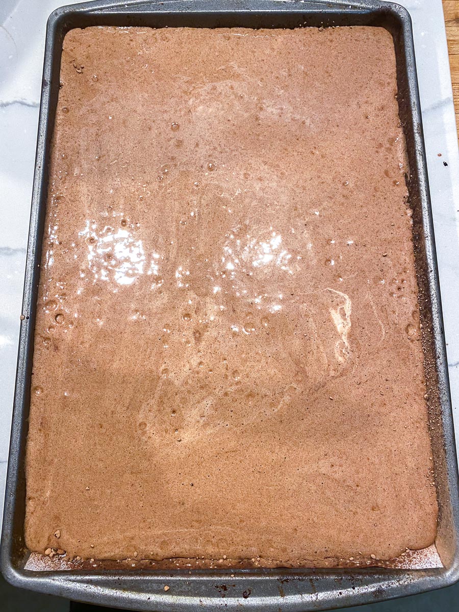 chocolate cake batter in jellyroll pan