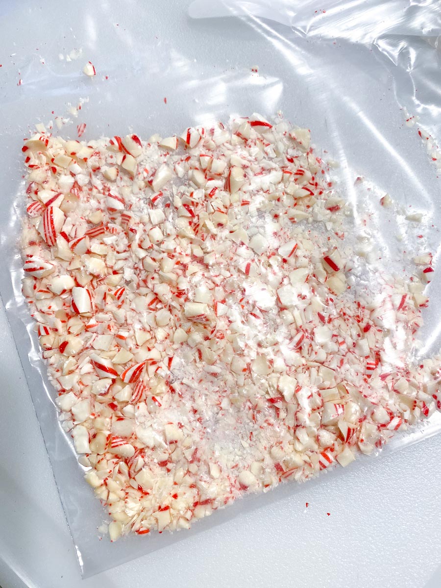 crushed peppermint candies within a plastic bag
