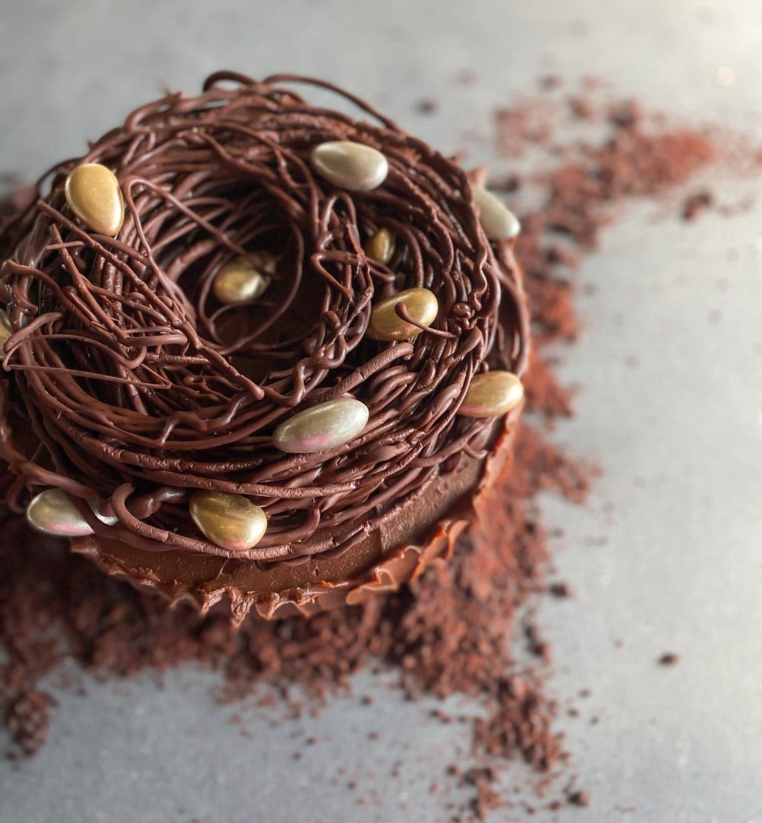 overhead of chocolate nest on cake