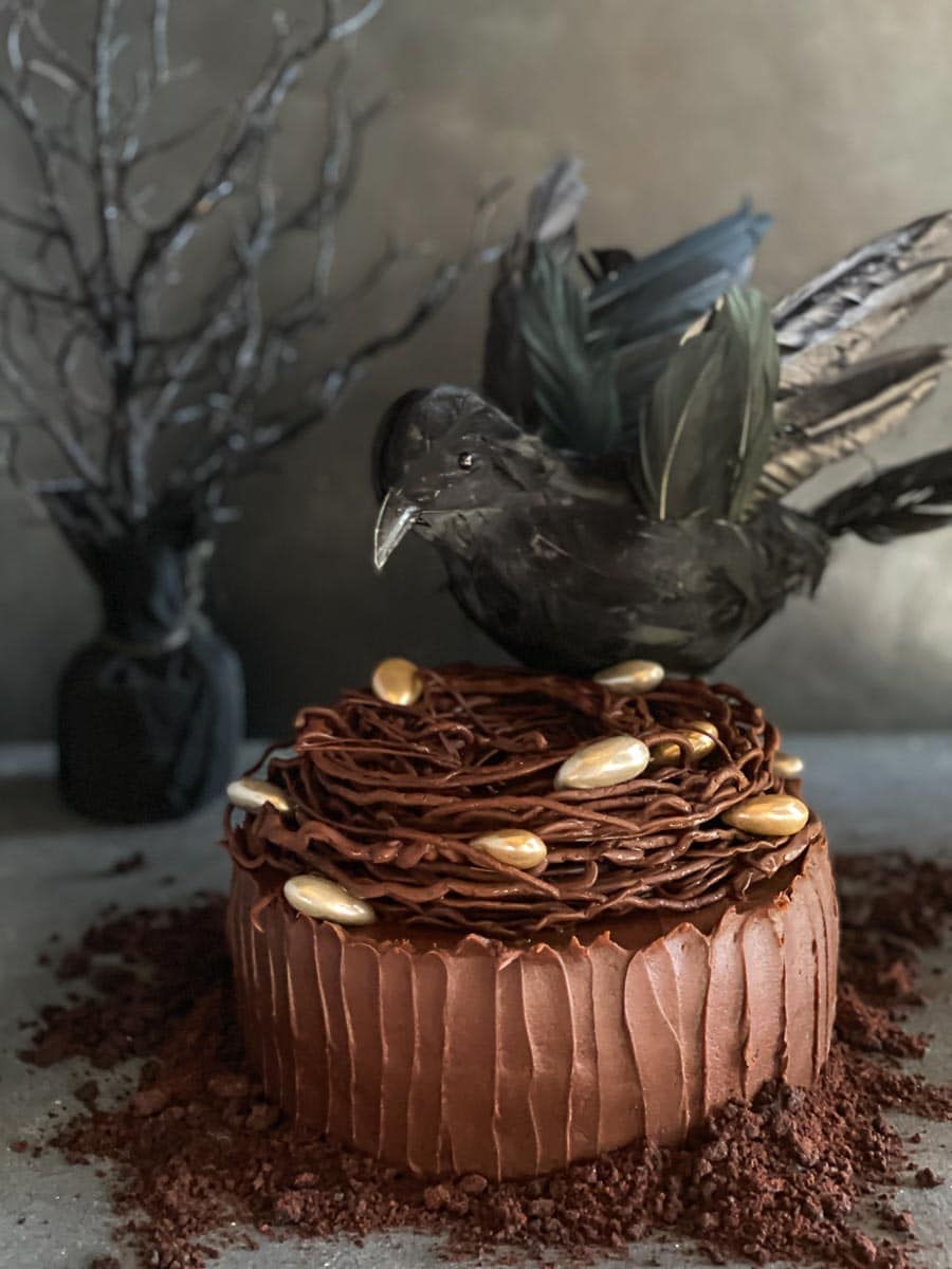 vertical image of Low FODMAP Chocolate Cake with Mocha Frosting