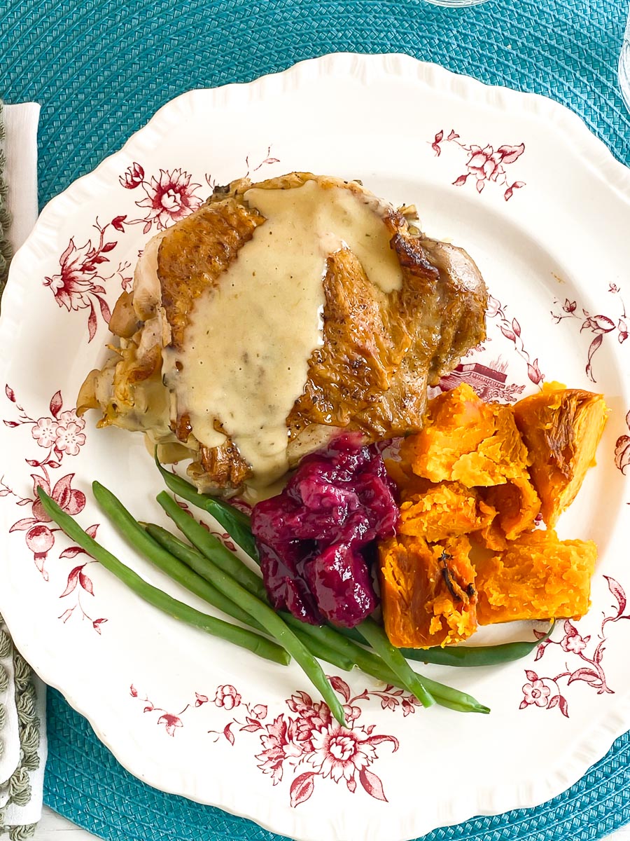 vertical image of Low FODMAP Instant Pot Turkey Thighs