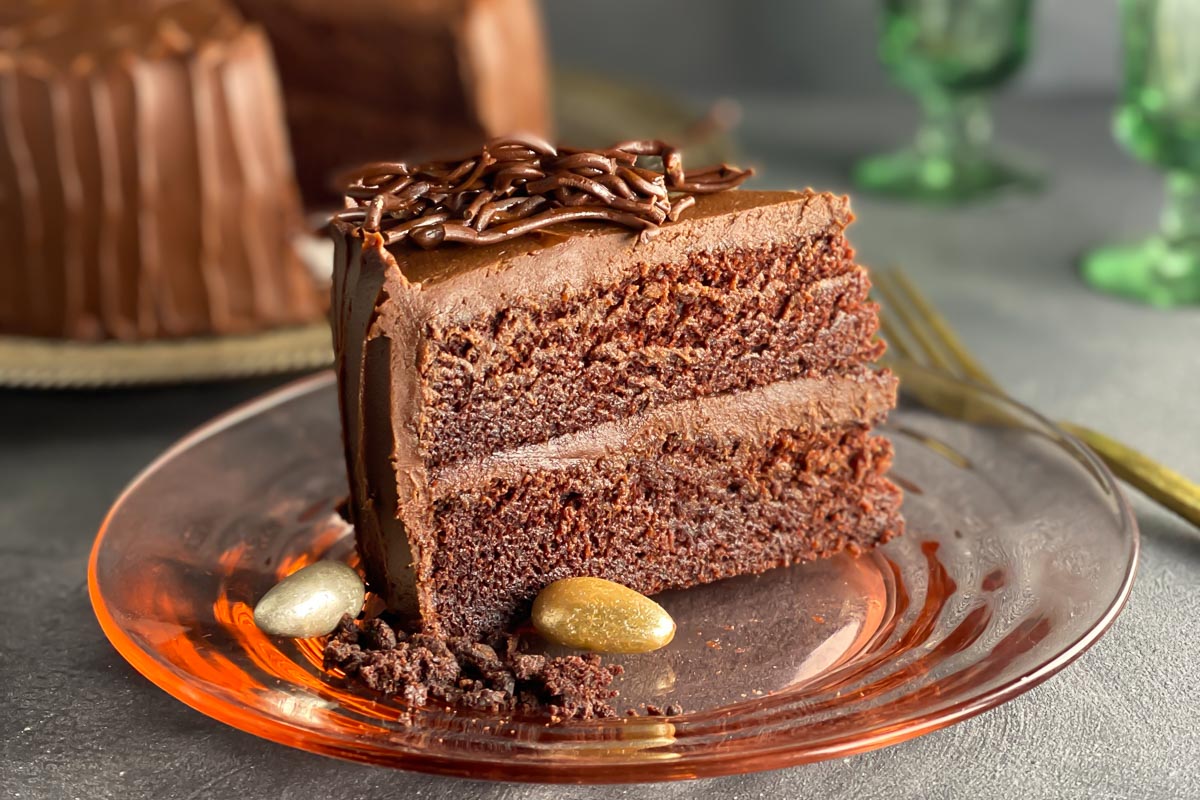 very close image of wedge of chocolate cake