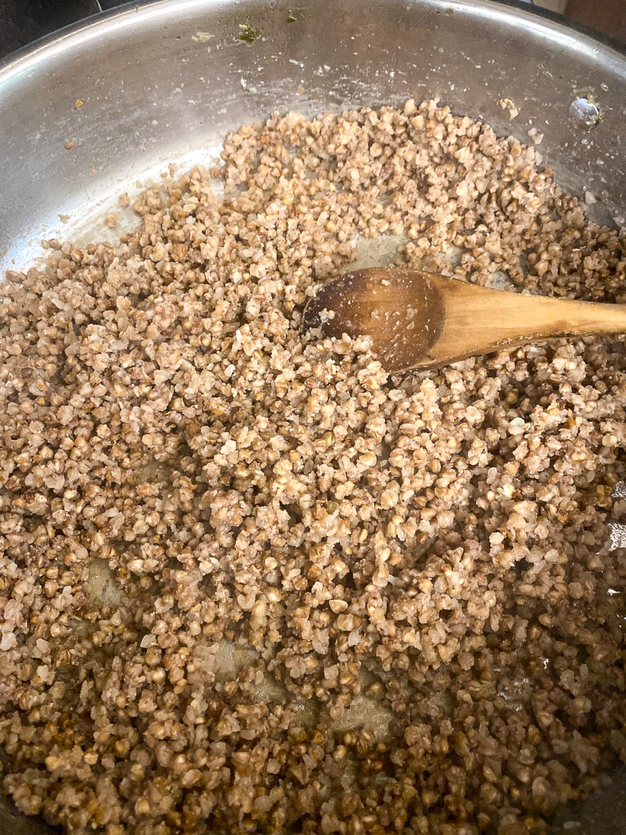 cooked buckwheat groats in pan