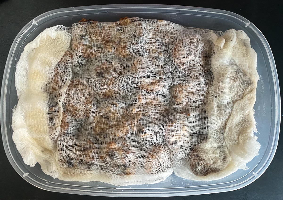Low FODMAP Fruitcake in storage container with whiskey soaked cheesecloth