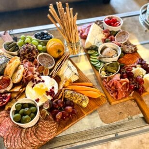 Low FODMAP Charcuterie and Cheese board on coffee table 2