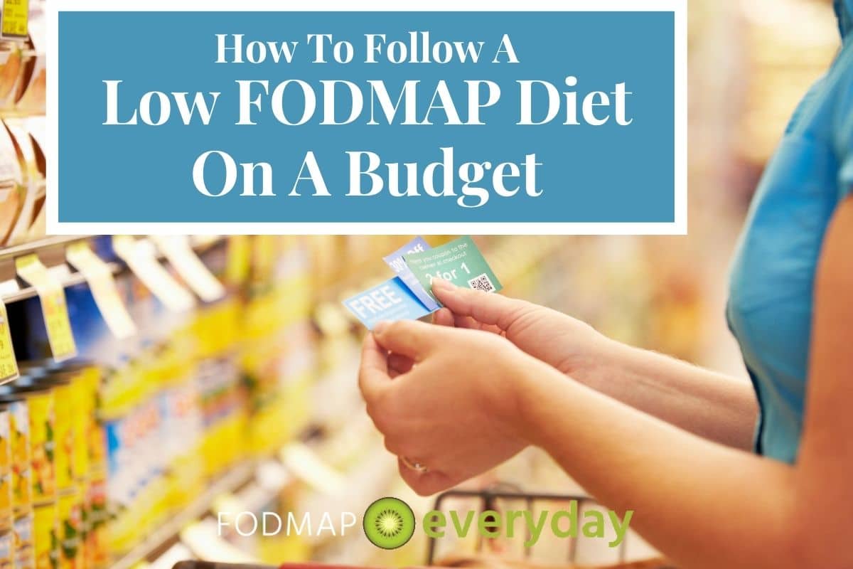 Feature Image for article on Following the Low FODMAP Diet on a budget. Two hands holding coupons with a supermarket in the background.