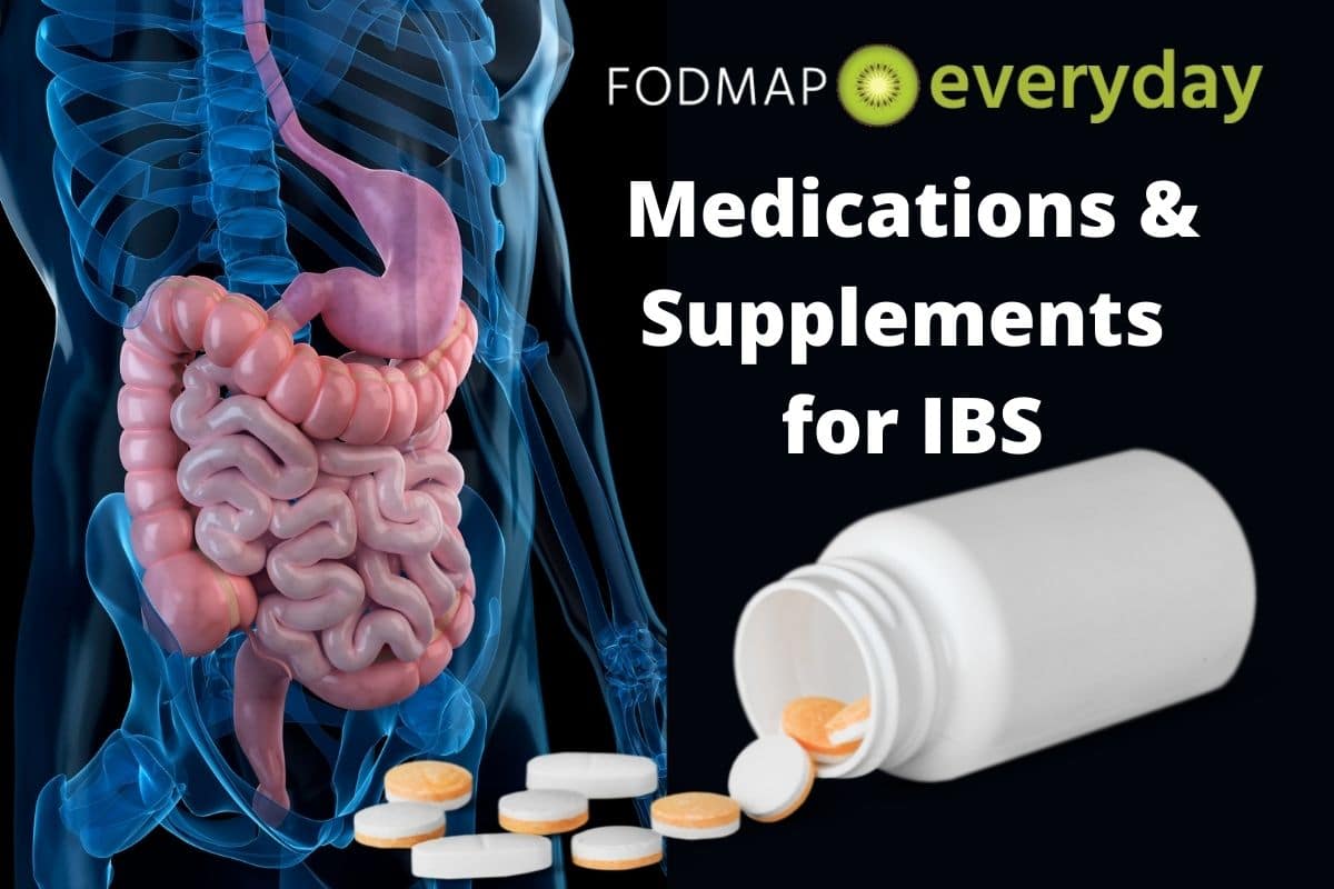 Feature image for Medications and Supplements for IBS - a see through view of the human body and intestines alongside a blank pill bottle spilling out pills. 