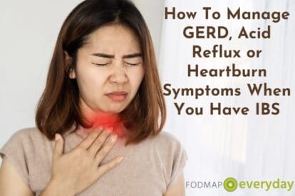 a young woman with brown hair, standing with her eyes closed in pain pressing a red area by her throat - How To Manage GERD, Acid Reflux and Heartburn Symptoms When You Have IBS