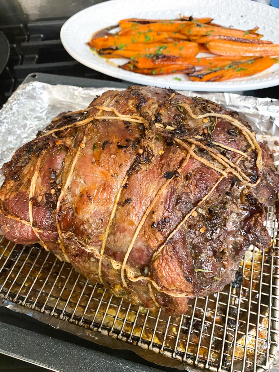 lamb roast, tied with Butcher twine, resting