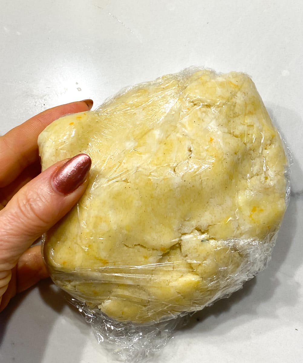 farmer cheese cake crust formed into a disc, wrapped in plastic