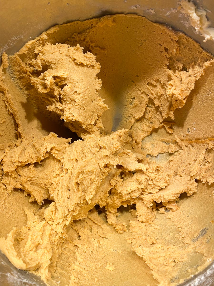 finished peanut butter cookie dough in mixer bowl