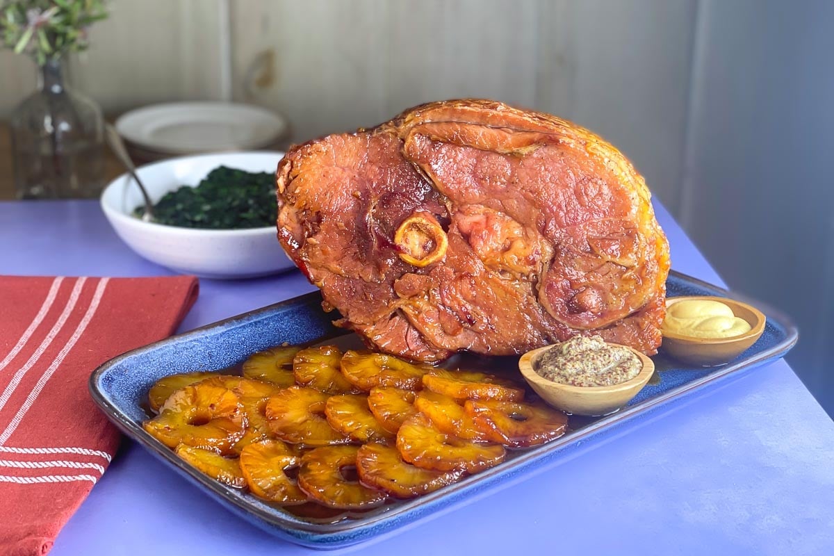 Low FODMAP Ham with Pineapple on blue platter