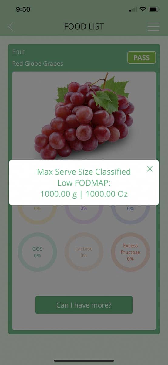 FODMAP Friendly Red Globe Grape screen of Max Serving Size