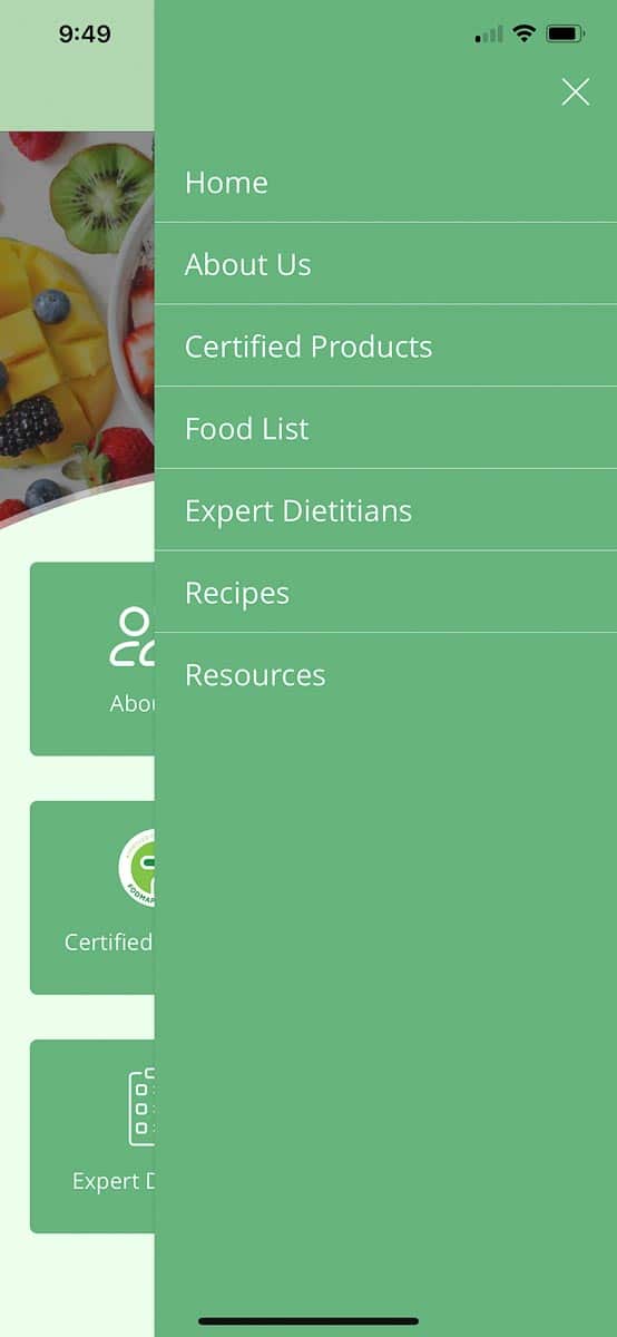 FODMAP Friendly home screen; sections