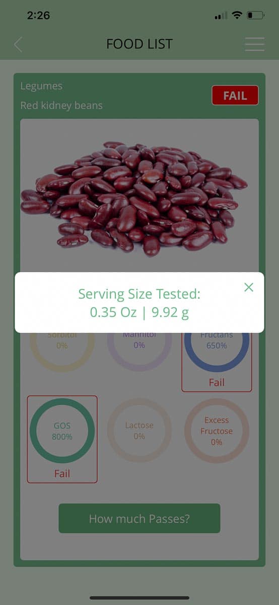 FODMAP Friendly kidney beans on app; 2nd screen