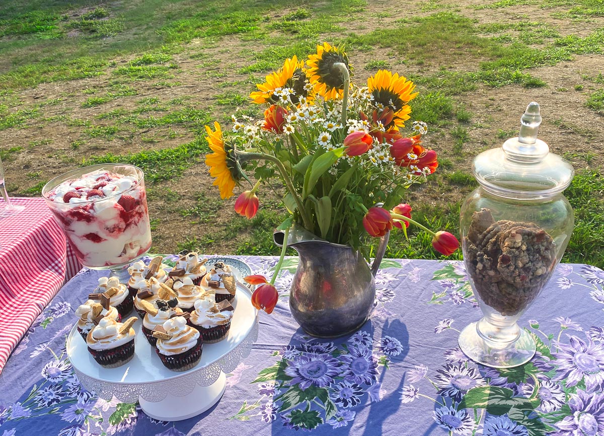 Low FODMAP Eton Mess in glass trifle bowl on cloth covered picnic table