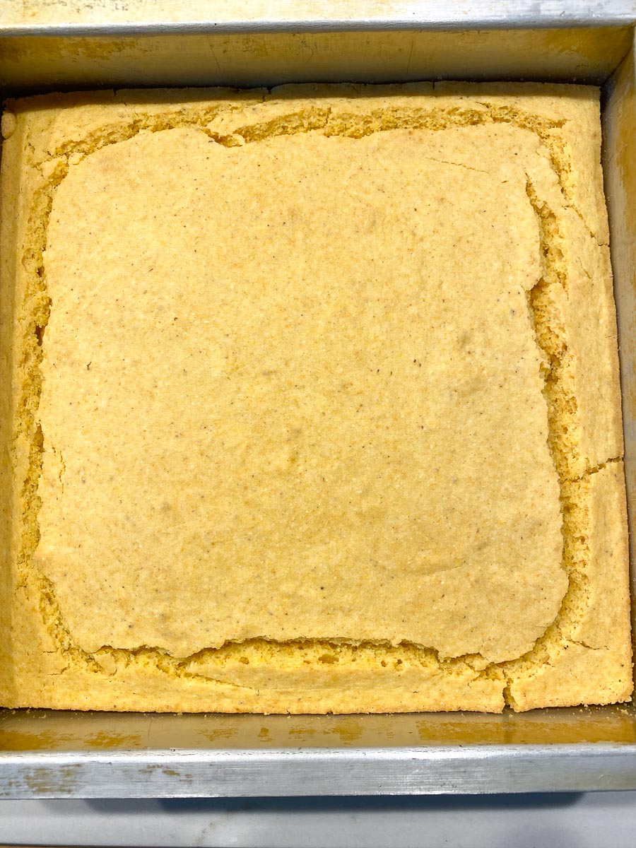 vegan cornbread baked in square pan