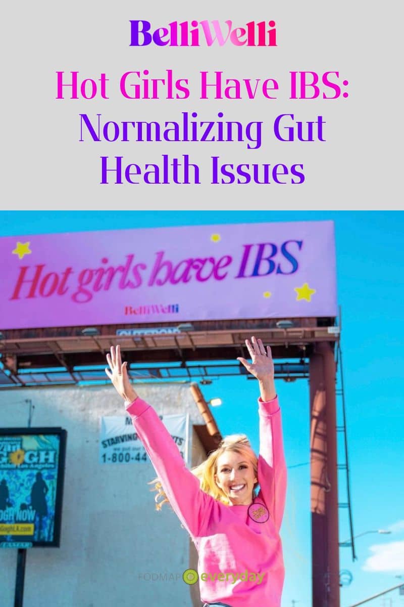 blond woman jumping with arms raised in front of hot girls with IBS billboard