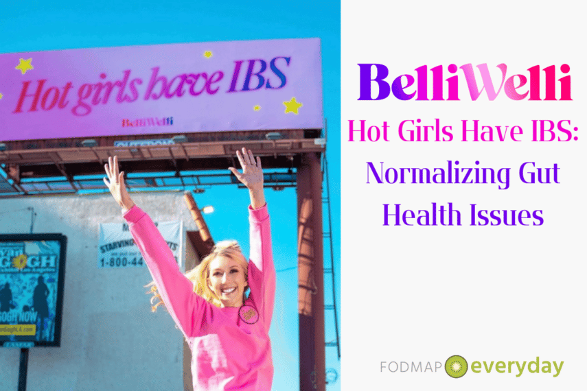 blond woman in pink sweatshirt jumping up in front of hot girls have ibs billboard