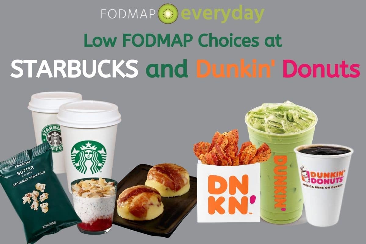 A selection of food from Starbucks and Dunkin' Donuts on a grey background