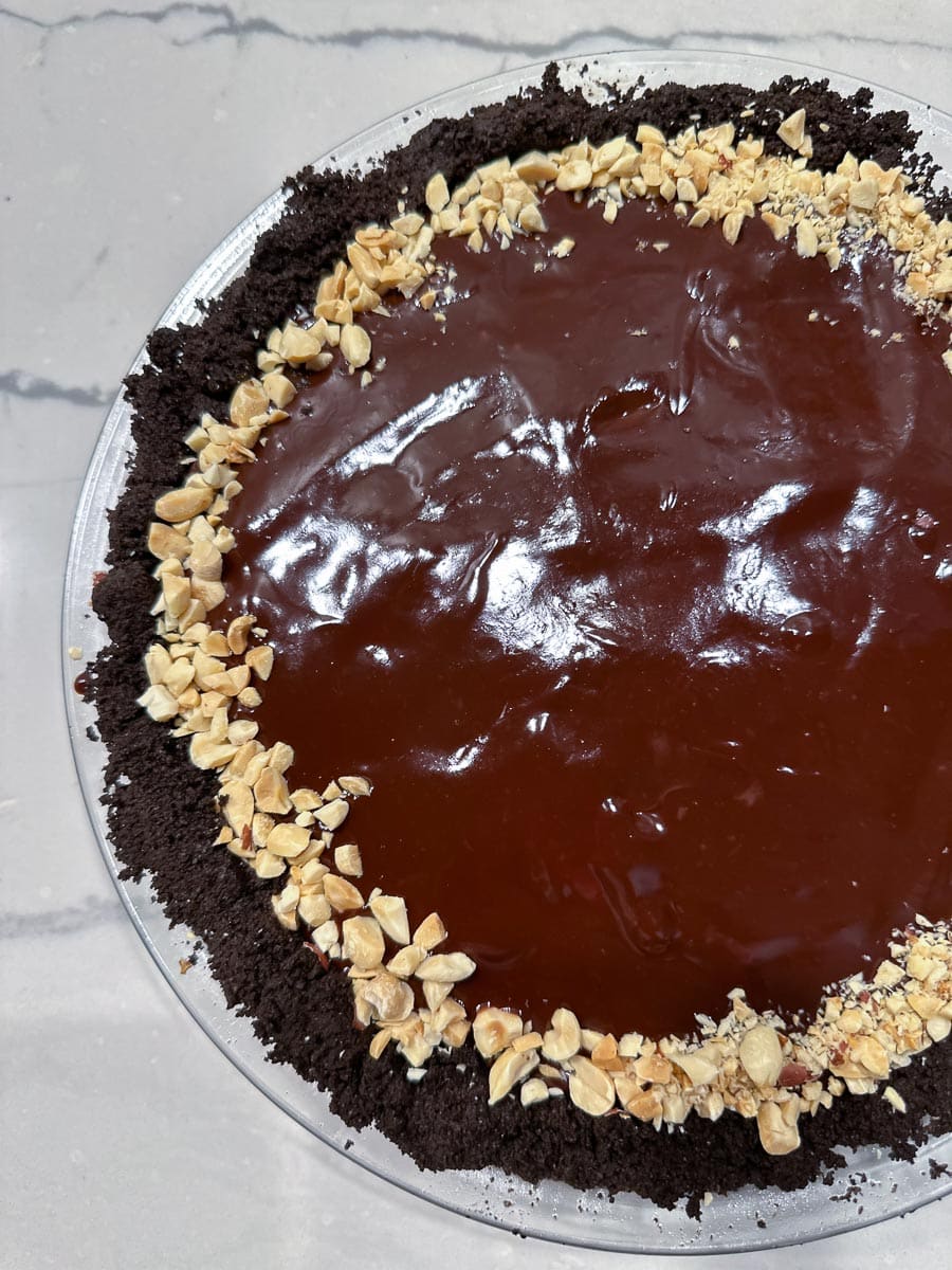 overhead of low FODMAP chocolate peanut butter pie on marble table