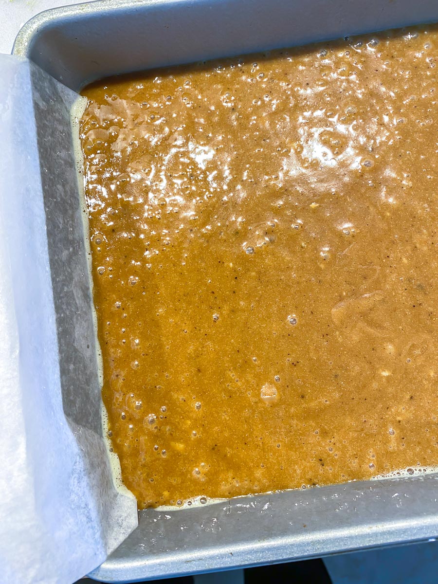 gingerbread batter in square pan