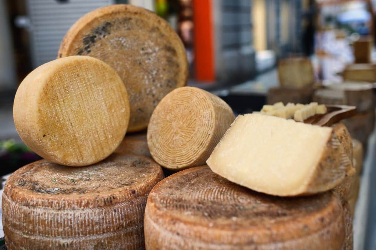 Pecorino wheels and wedge in cheese shop