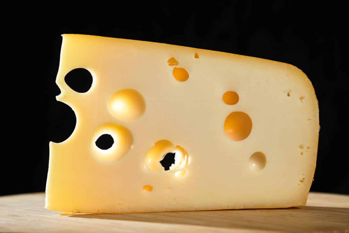Swiss cheese wedge on a board, side shot