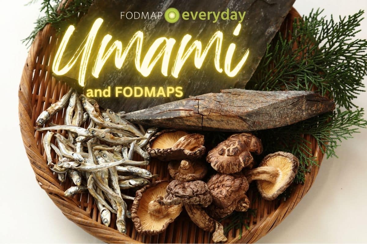 Umami and FODMAPS- overhead shot of basket full of dried sardines, mushrooms, wood and pine. 