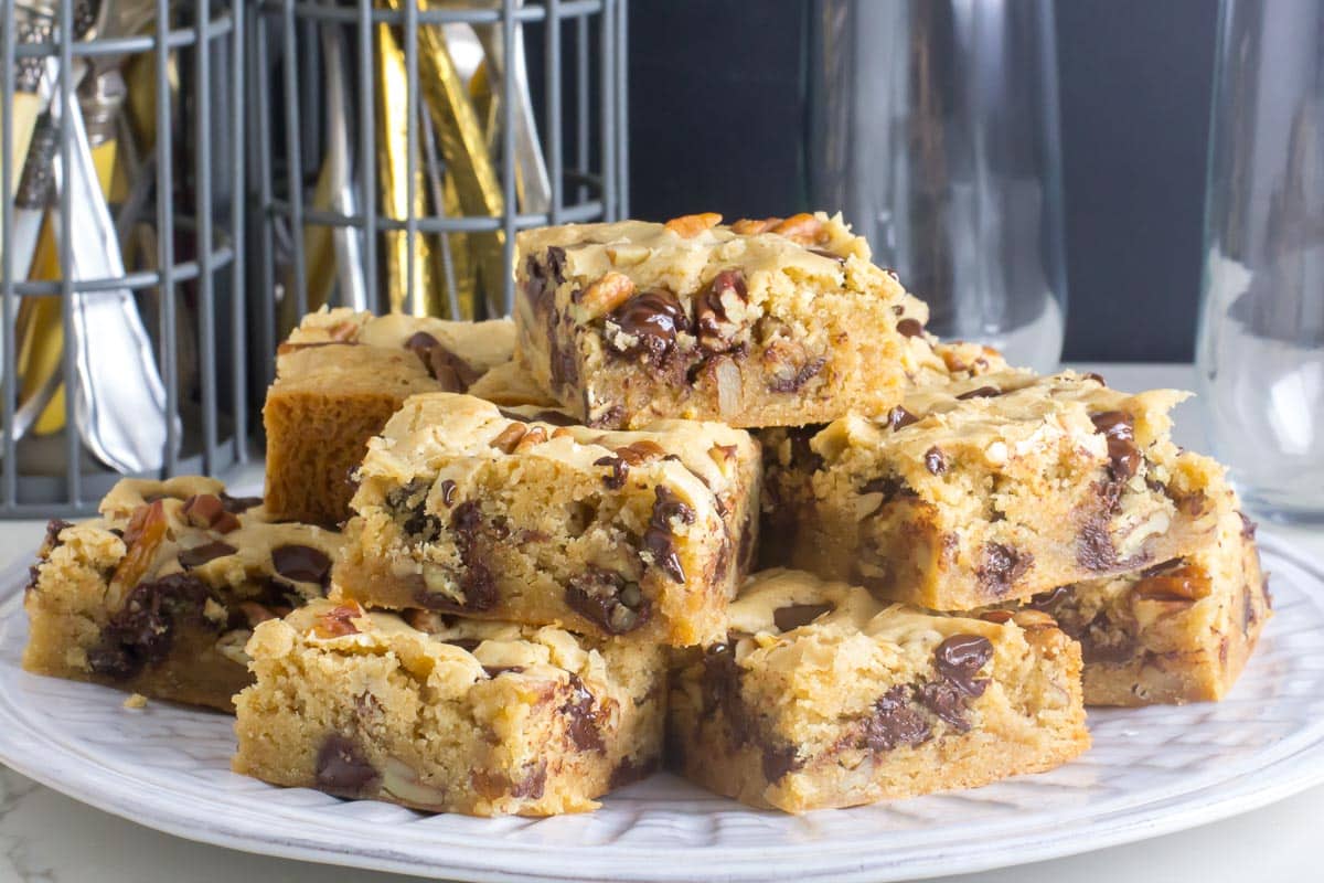 cookie dough blondies on a white plate