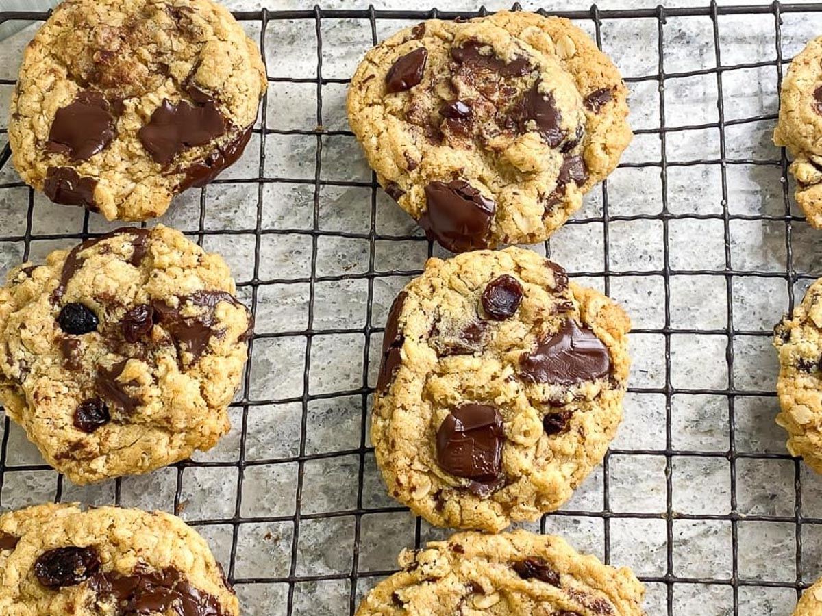 One-bowl-low-FODMAP-peanut-butter-oatmeal-chocolate-chunk-cookies-on-cooling-rack.