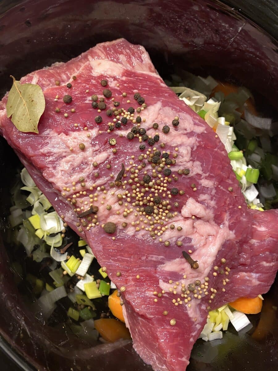 corned beef and spices in slow cooker