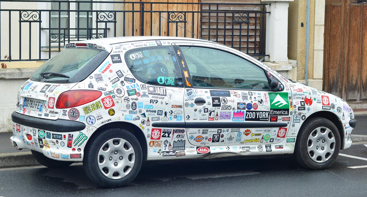 Car with bumper stickers.