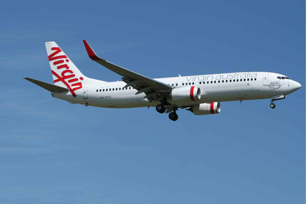 Virgin Airways plane in the air.
