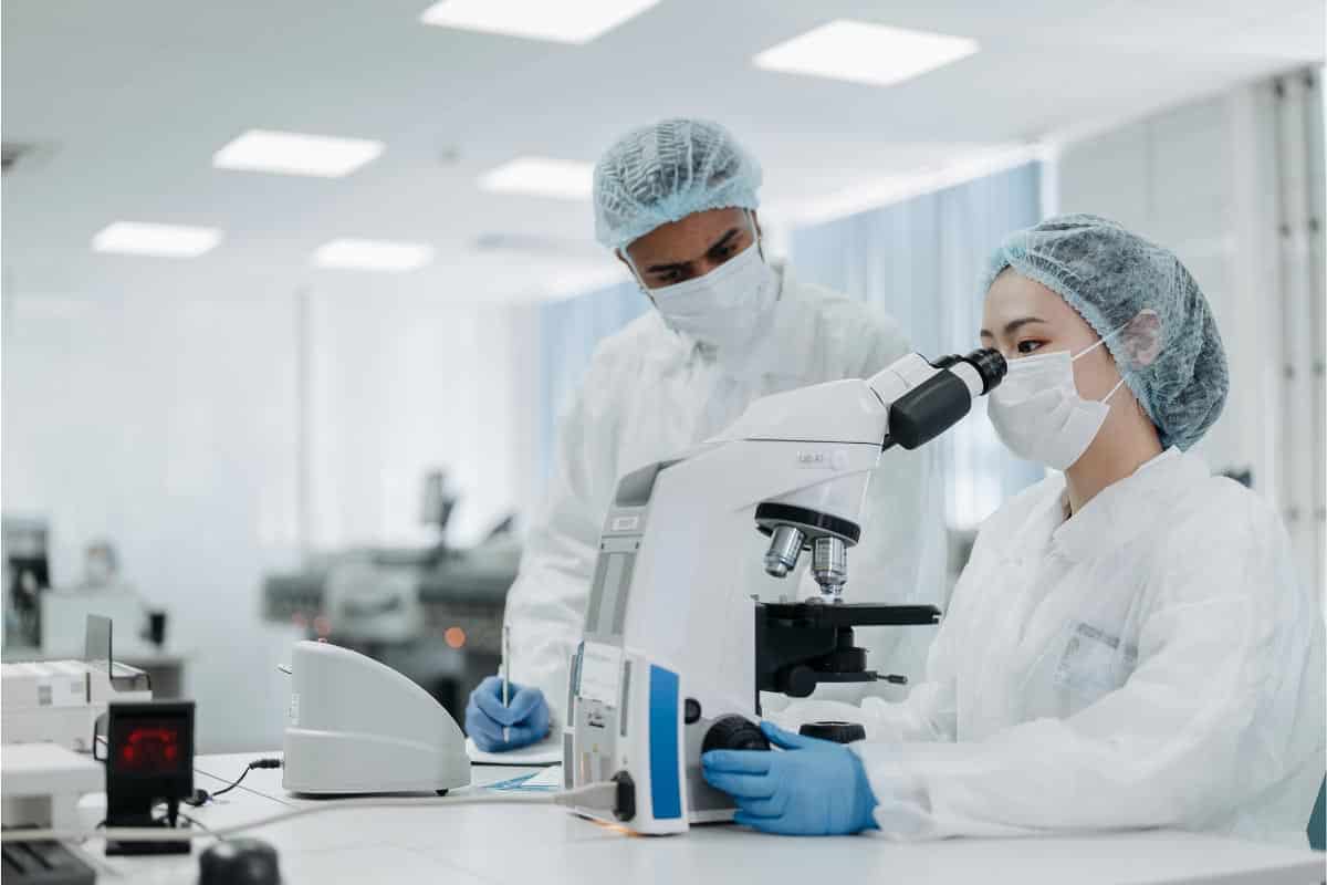two people in lab looking at microscope.