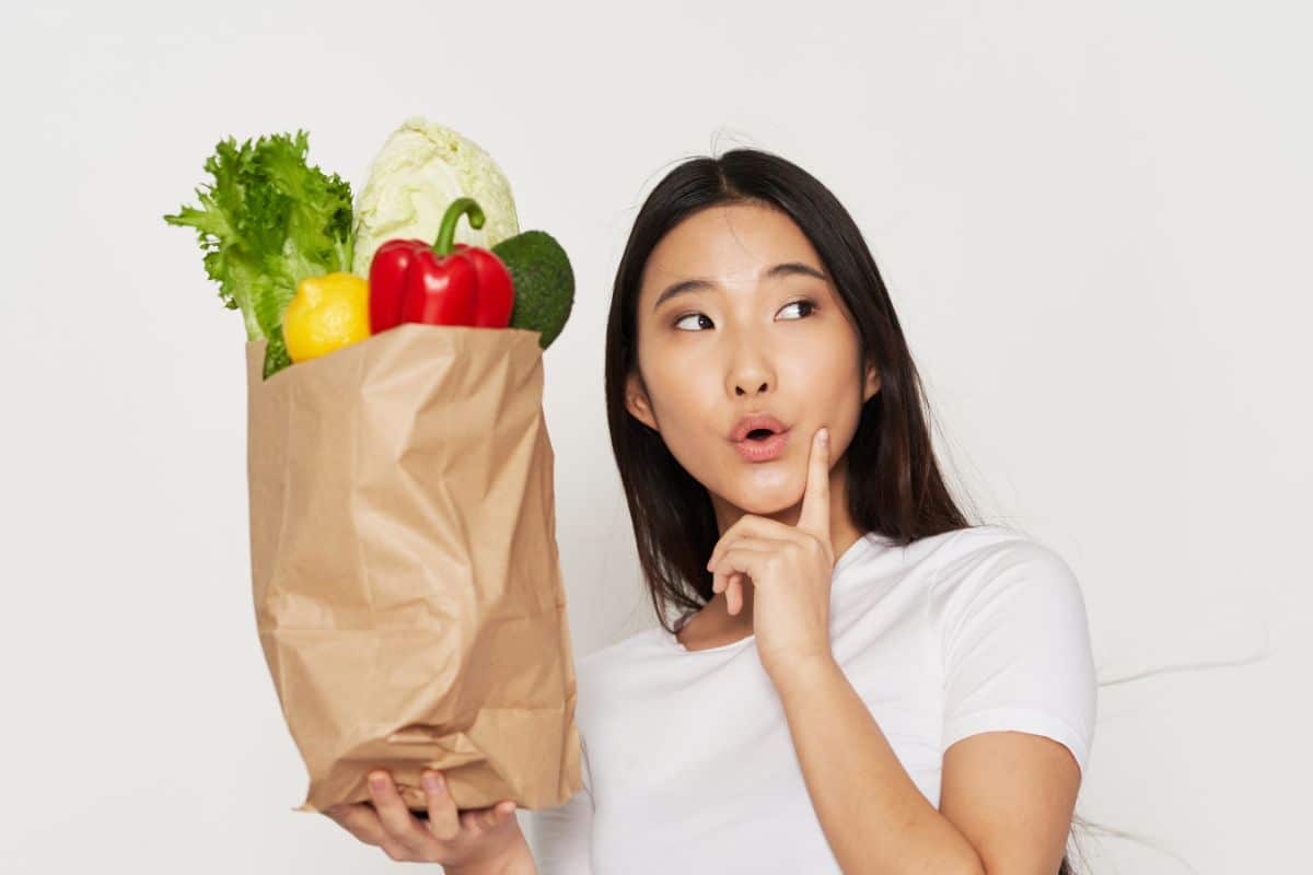 Woman questioning her groceries.