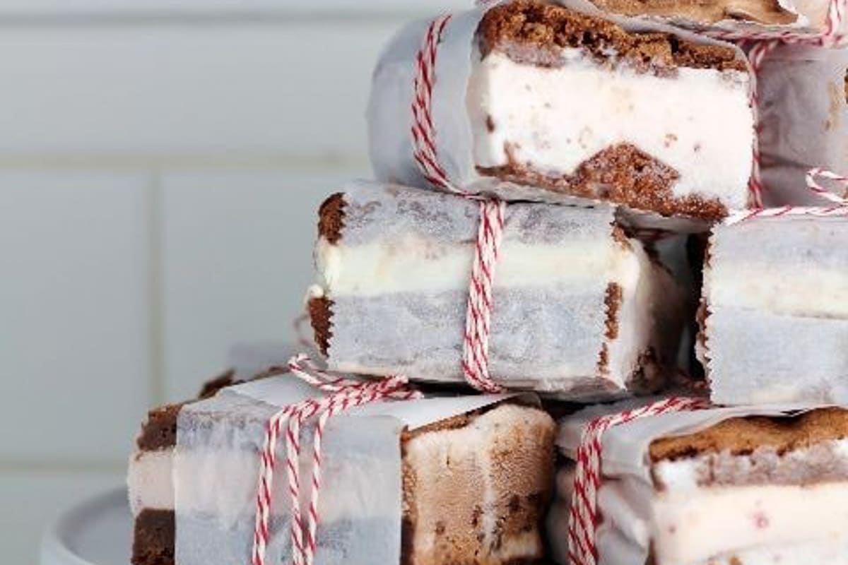 Brownie Ice Cream sandwiches in a pile.