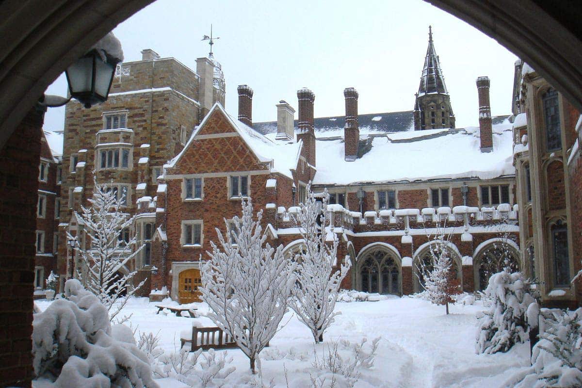 college in snow.
