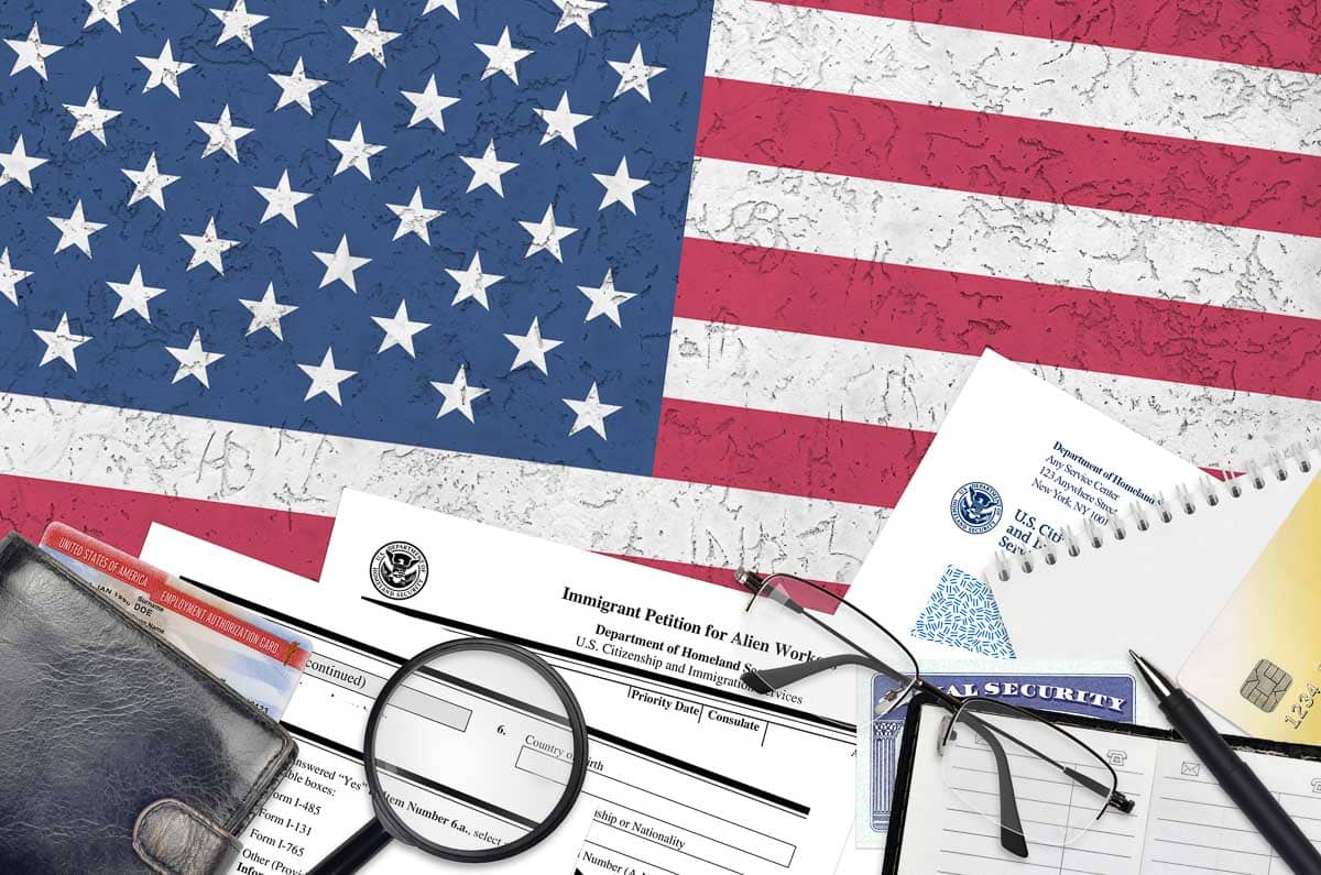 flag with glasses and paperwork.