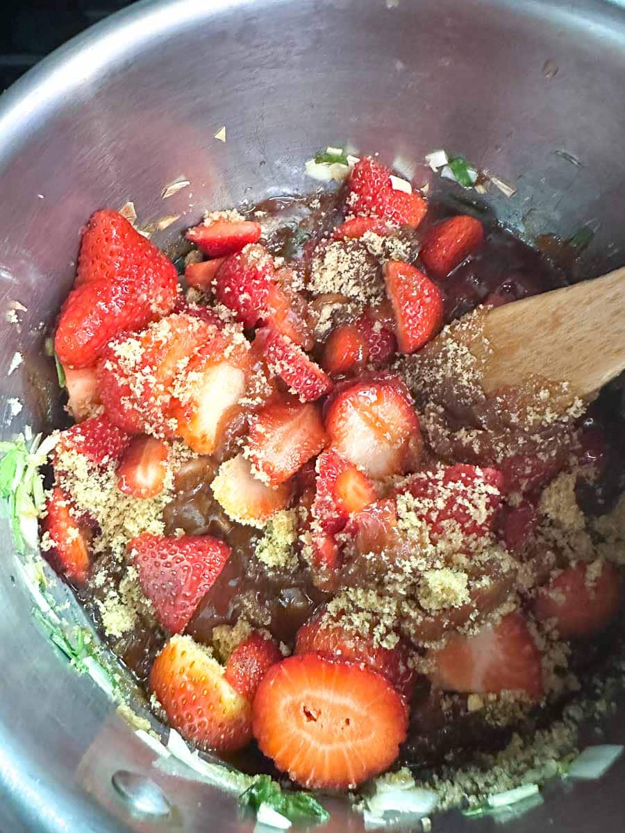 making low FODMAP Strawberry Chipotle BBQ Sauce.