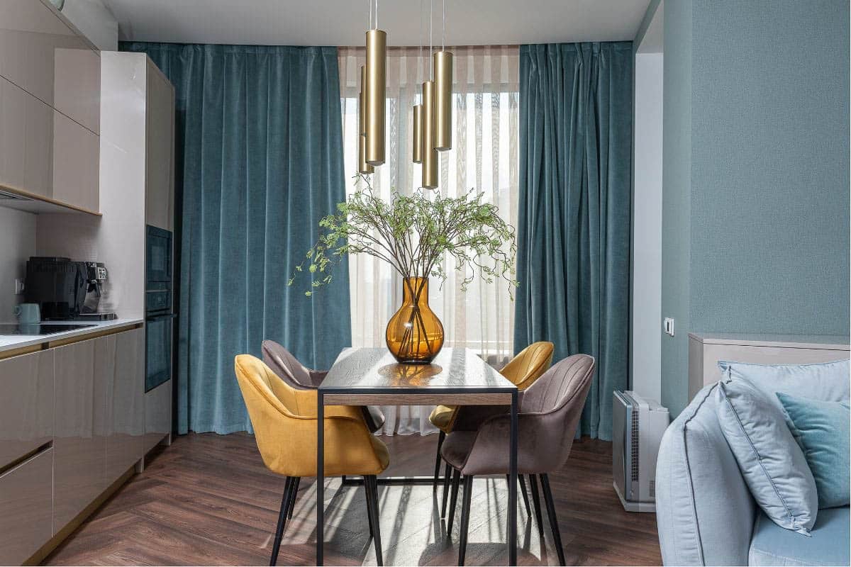teal curtains.